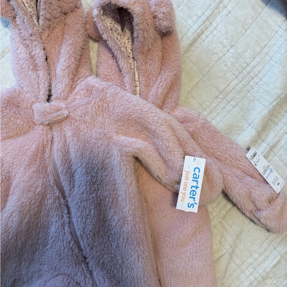 Two Baby Girl Sherpa Long-Sleeve Hooded Jumpsuits - Pink. Perfect for twins